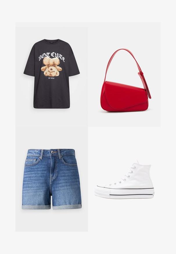 Svart oversized t-shirt med en grafik av en björn och texten "INTE SÖT MEN VILD" i fet, vit lettering. Tillverkad av bomull.; Jeansshorts i urtvättad blå färg med uppvikt avslut. Har en dragkedja, framfickor och en diskret struktur. Knapplåsning i midjan.; Vit hög topp canvas sneaker med svart gummisulan, framsidan gummitåhätta och sex öglor för snören, med en ren, minimalistisk design.; Röd läderhandväska med en vinkelrät, geometrisk design. Har ett justerbart axelband och en klaffstängning med sydda detaljer.