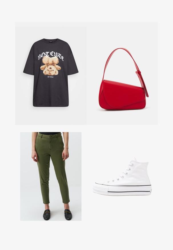 T-shirt nera oversize con una grafica di un orso e la scritta "NON CARINA MA SELVAGGIA" in grassetto, lettere bianche. Materiale in cotone.; Pantaloni verde oliva slim fit, con chiusura a bottone, tasche frontali e una texture liscia. Abbinati a mocassini neri.; Sneaker alta in tela bianca con suola in gomma nera, punta in gomma frontale e sei asole per i lacci, caratterizzata da un design pulito e minimalista.; Borsa a tracolla in pelle rossa con un design angolare e geometrico. Presenta una singola tracolla regolabile e una chiusura a patta con dettagli cuciti.