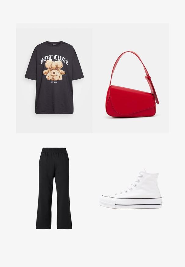 Juodas per didelis marškinėliai su bearo grafika ir tekstu "NE SIAUBINGA, BET NERAMUS" bold baltomis raidėmis. Pagaminta iš medvilnės.; Juodos sportinės kelnės su plačiomis kojomis. Pagamintos iš minkštos medžiagos, turi elastingą juosmenį, be matomo aparatūros ar raštų.; Balti aukštakulniai drobės sportbačiai su juodu guminio pado, priekinio guminio piršto dangteliu ir šešiais akytėmis raištams, pasižymintys švariu, minimalistiniu dizainu.; Raudona odinė rankinė su kampuota, geometrine forma. Pasižymi viena reguliuojama dirželiu ir dangteliu su siuvinėtais dekoracijomis.