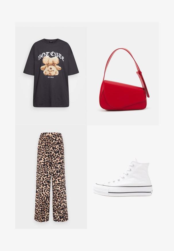 Čierne oversized tričko s grafikou medveďa a textom "NIE ROZTOMILÉ ALE DIVOKÉ" v tučnom bielom písmene. Bavlnený materiál.; Široké nohavice vyrobené z mäkkej tkaniny s leopardím vzorom v teplej béžovej a tmavohnedej farbe, s elastickým pásom pre pohodlie.; Biele vysoké plátené tenisky s čiernou gumovou podošvou, prednou gumovou špičkou a šiestimi okami na šnúrky, s čistým, minimalistickým dizajnom.; Červená kožená kabelka s ostrým, geometrickým dizajnom. Má jeden nastaviteľný popruh a uzatváranie na klopu so šitím.