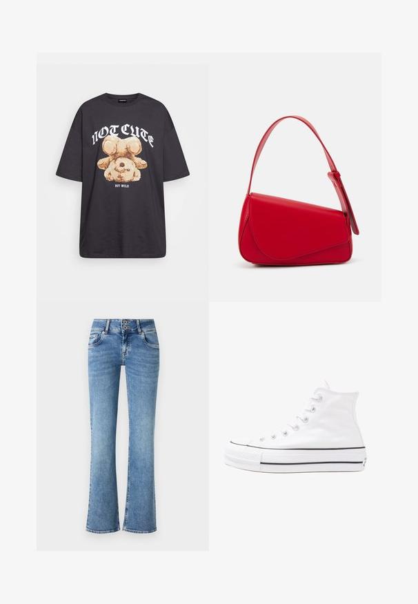 Černé oversized tričko s grafikou medvěda a textem „NENÍ CUTE, ALE DIVOKÝ“ v tučném bílém písmu. Bavlněný materiál.; Modré džínové zvonové kalhoty s vysokým pasem, dvouřadým zapínáním, pěti kapsami a šitím podél švů.; Bílé vysoké plátěné tenisky s černou gumovou podrážkou, přední gumovou špičkou a šesti očky na tkaničky, se čistým, minimalistickým designem.; Červená kožená kabelka s ostrým, geometrickým designem. Má jeden nastavitelný popruh a klopu s prošívanými detaily.