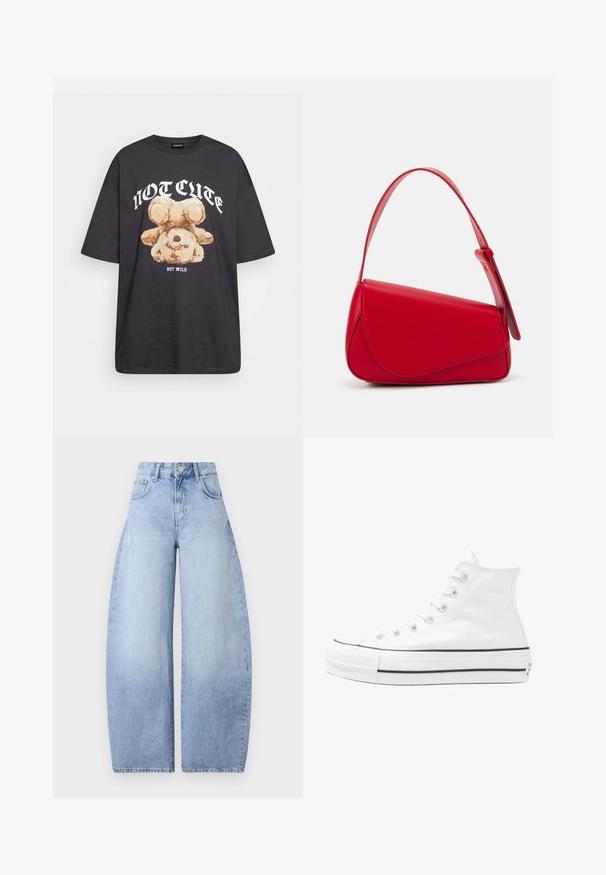 Schwarzes, übergroßes T-Shirt mit einem Grafikdruck eines Bären und dem Text "NICHT SÜß, SONDERN WILD" in fetter, weißer Schrift. Baumwollmaterial.; Helleblaue, weit geschnittene Jeans aus Denim. Hoher Bund mit fünf Taschen und einem Knopfverschluss. Saubere Verarbeitung ohne sichtbare Muster.; Weiße hochwertige Leinensneaker mit schwarzer Gummisohle, vorderem Gummizehenschutz und sechs Ösen für Schnürsenkel, die ein sauberes, minimalistisches Design aufweisen.; Rote Lederhandtasche mit einem kantigen, geometrischen Design. Verfügt über einen verstellbaren Schulterriemen und einen Klappenverschluss mit genähten Details.