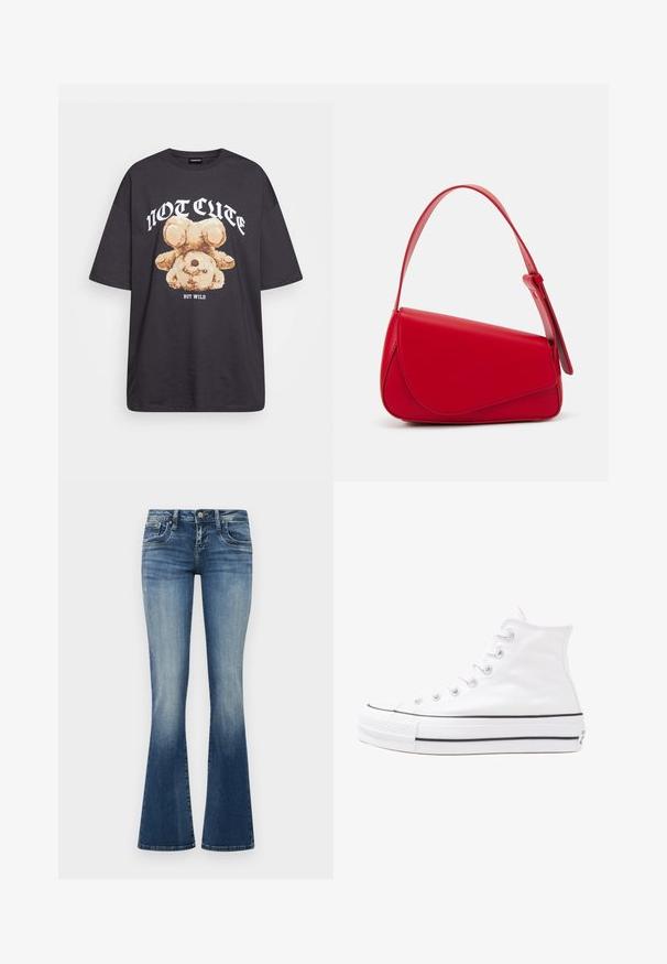 Camiseta negra de gran tamaño con un gráfico de un oso y el texto "NO LINDO SINO SALVAJE" en letras blancas y en negrita. Material de algodón.; Pantalones vaqueros de campana en azul medio con un acabado deslavado. Presenta cinco bolsillos, pasadores para cinturón y costuras en contraste. Tejido suave y texturizado.; Zapatilla de lona alta blanca con suela de goma negra, puntera de goma frontal y seis ojetes para los cordones, que presenta un diseño limpio y minimalista.; Bolso de cuero rojo con un diseño angular y geométrico. Cuenta con una única correa ajustable y un cierre de solapa con detalles de costura.