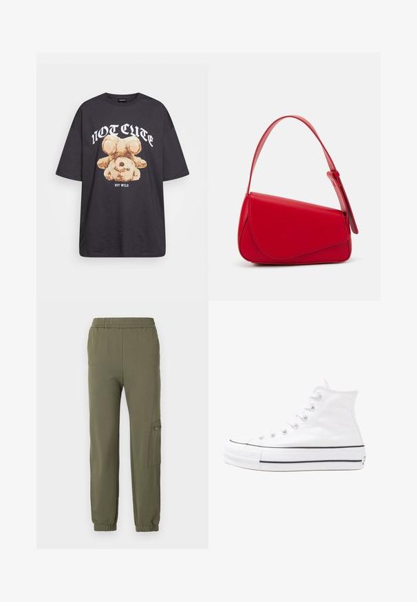 Juodas per didelis marškinėliai su bearo grafika ir tekstu "NE SIAUBINGA, BET NERAMUS" bold baltomis raidėmis. Pagaminta iš medvilnės.; Alyvinės žaliai spalvos džinsai su elastinga juosmena, siaurėjančiais rankovėmis ir šonine kišenė su užtrauktuku. Minkšta, tampri medžiaga.; Balti aukštakulniai drobės sportbačiai su juodu guminio pado, priekinio guminio piršto dangteliu ir šešiais akytėmis raištams, pasižymintys švariu, minimalistiniu dizainu.; Raudona odinė rankinė su kampuota, geometrine forma. Pasižymi viena reguliuojama dirželiu ir dangteliu su siuvinėtais dekoracijomis.