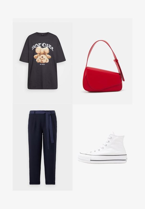 T-shirt oversized preto com uma gráfica de um urso e o texto "NÃO FOFO, MAS SELVAGEM" em letras brancas e em negrito. Material em algodão.; Calças azul-marinho feitas de um tecido suave, com uma cintura larga e um cinto, frente plissada e punhos dobrados, proporcionando uma aparência ajustada.; Sapatilha alta de tela branca com sola de borracha preta, bico de borracha na frente e seis ilhós para os atacadores, apresentando um design limpo e minimalista.; Bolsa de mão em couro vermelho com um design angular e geométrico. Apresenta uma única alça ajustável e um fecho com aba, com detalhes cosidos.