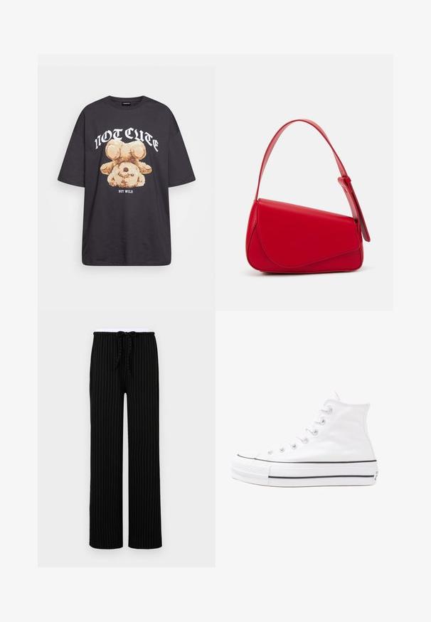 T-shirt oversized preto com uma gráfica de um urso e o texto "NÃO FOFO, MAS SELVAGEM" em letras brancas e em negrito. Material em algodão.; Calças pretas riscas verticais com um corte descontraído, apresentando um cós elástico e fecho com cordão, feitas de um tecido macio.; Sapatilha alta de tela branca com sola de borracha preta, bico de borracha na frente e seis ilhós para os atacadores, apresentando um design limpo e minimalista.; Bolsa de mão em couro vermelho com um design angular e geométrico. Apresenta uma única alça ajustável e um fecho com aba, com detalhes cosidos.