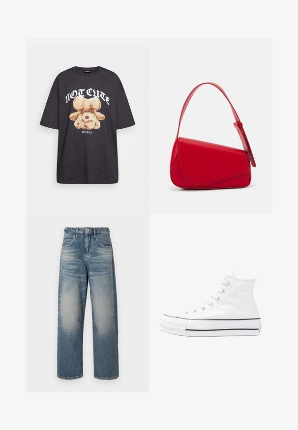 Svart oversized t-skjorte med en grafikk av en bjørn og teksten "IKKE SØT, MEN VILL" i fet, hvit skrift. Laget av bomull.; BDG Urban Outfitters JAYA BOXER WAISTBAND - Jeans relaxed fit - light vintage; Hvit høy-skinn kanvas sneakers med svart gummisåle, gummitåhette foran og seks hull for snorer, med et rent, minimalistisk design.; Rød lærveske med en vinklet, geometrisk design. Har en enkelt justerbar stropp og en klaffelukking med sydd detaljer.