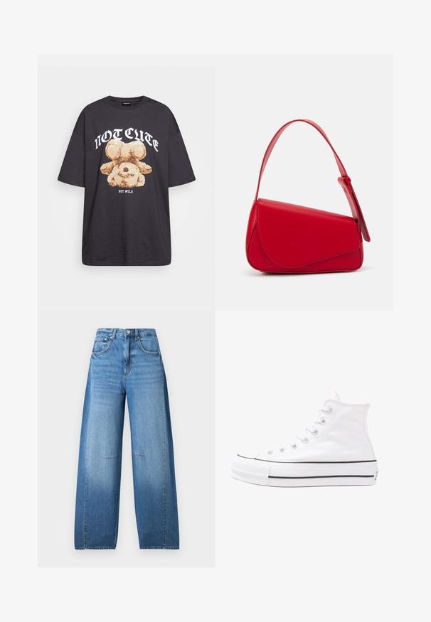 T-shirt oversized preto com uma gráfica de um urso e o texto "NÃO FOFO, MAS SELVAGEM" em letras brancas e em negrito. Material em algodão.; Jeans de cintura alta e pernas largas em denim azul claro com efeito desbotado, apresentando um fecho de botão, cinco bolsos e detalhes de costura.; Sapatilha alta de tela branca com sola de borracha preta, bico de borracha na frente e seis ilhós para os atacadores, apresentando um design limpo e minimalista.; Bolsa de mão em couro vermelho com um design angular e geométrico. Apresenta uma única alça ajustável e um fecho com aba, com detalhes cosidos.