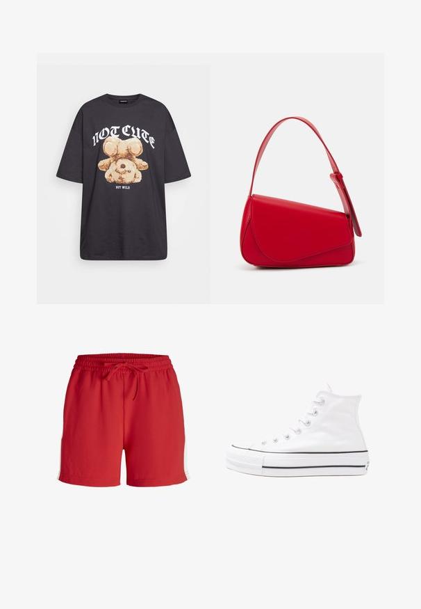 Black oversized t-shirt featuring a graphic of a bear with the text “NOT CUTE BUT WILD” in bold, white lettering. Cotton material.; Red sports shorts made of lightweight material, featuring an elastic waistband with drawstring and white side accents.; White high-top canvas sneaker with black rubber sole, front rubber toe cap, and six eyelets for laces, featuring a clean, minimalist design.; Red leather handbag with an angular, geometric design. Features a single adjustable strap and a flap closure with stitched detailing.