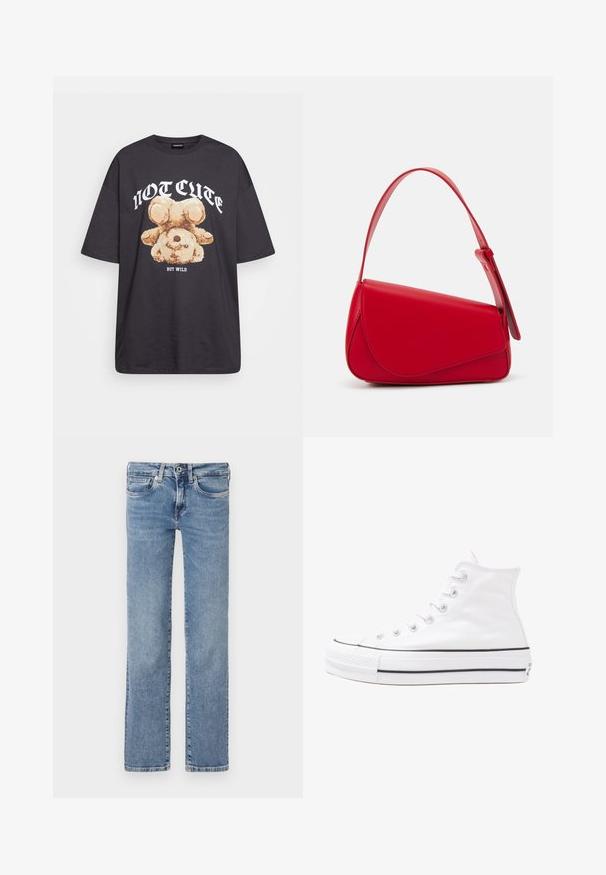 Melna, pārmērīga t-kreklu, kurā attēlots lācis ar uzrakstu "NAV MIERĪGS, BET VILKIS" treknos baltos burtiem. Izgatavots no kokvilnas materiāla.; Gaiši zili džinsi, taisnu kāju dizains, piecu kabatu stils, ar pogu un rāvējslēdzēju, ar vieglu balināšanu un kārtīgu apdari.; Balti augstie kanvas sporta apavi ar melnu gumijas zoli, priekšējo gumijas purngalu un sešām acīm lencēm, kuriem ir tīrs, minimālistisks dizains.; Sarkans ādas rokassomi ar stūrainu, ģeometrisku dizainu. Iekļauj vienu regulējamu siksnu un vāku ar izšūtu detaļu.