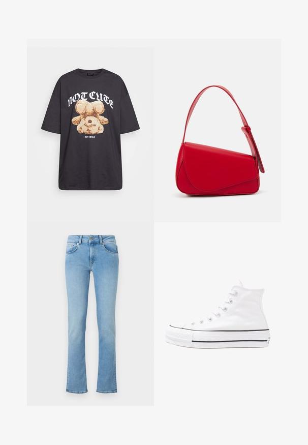 T-shirt oversized preto com uma gráfica de um urso e o texto "NÃO FOFO, MAS SELVAGEM" em letras brancas e em negrito. Material em algodão.; Jeans de denim azul claro com uma cintura ajustada, pernas largas, design de cinco bolsos e fecho com botão. O tecido tem uma textura suave.; Sapatilha alta de tela branca com sola de borracha preta, bico de borracha na frente e seis ilhós para os atacadores, apresentando um design limpo e minimalista.; Bolsa de mão em couro vermelho com um design angular e geométrico. Apresenta uma única alça ajustável e um fecho com aba, com detalhes cosidos.