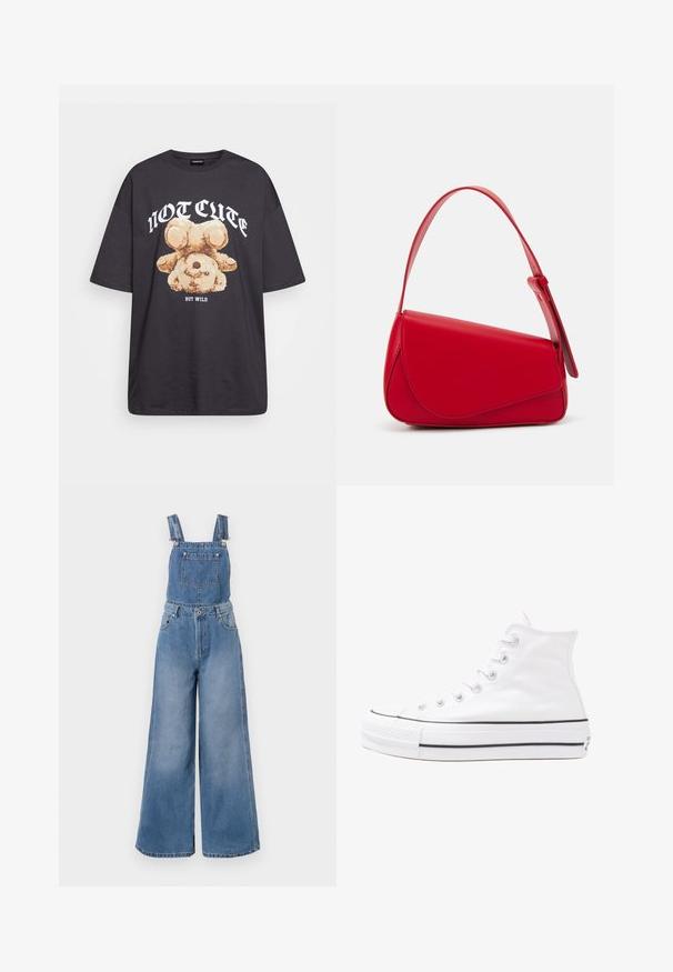 Juodas per didelis marškinėliai su bearo grafika ir tekstu "NE SIAUBINGA, BET NERAMUS" bold baltomis raidėmis. Pagaminta iš medvilnės.; Šviesiai mėlyni džinsiniai kombinezonai, pasižymintys plačiomis kojomis, reguliuojamomis petnešomis, priekinėmis kišenėmis ir sidabriniais metaliniais elementais. Audinys rodo subtilią tekstūrą.; Balti aukštakulniai drobės sportbačiai su juodu guminio pado, priekinio guminio piršto dangteliu ir šešiais akytėmis raištams, pasižymintys švariu, minimalistiniu dizainu.; Raudona odinė rankinė su kampuota, geometrine forma. Pasižymi viena reguliuojama dirželiu ir dangteliu su siuvinėtais dekoracijomis.