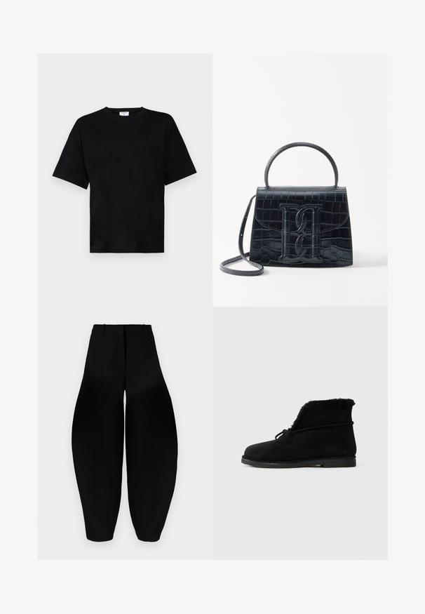 T-shirt preto de manga curta em ajuste descontraído, feito de tecido macio, com decote redondo e sem padrões ou acessórios proeminentes.; Calças largas pretas com uma cintura alta, frente plissada e tornozelos afunilados. Feitas de um tecido suave com um acabamento mate.; Bota de tornozelo em camurça preta com forro de pele visível na abertura e um cordão amarrado em torno da parte superior.; Bolsa de pele preta com estampa de crocodilo, de design estruturado, com alça de mão, correia ajustável e um detalhe de logotipo em destaque na frente.