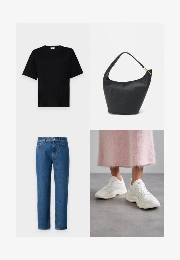 Zwart shirt met korte mouwen in een relaxte pasvorm, gemaakt van zachte stof, met een ronde halslijn en zonder opvallende patronen of accenten.; Blauwe spijkerbroek met een recht model, voorzien van een knoopsluiting, riemlussen en zijzakken. Gemaakt van een gestructureerde katoenstof.; Witte sneakers van mesh en leer, met een ronde neus en een gewatteerde zool. Beschikt over veters en de merknaam op de tong.; Zwarte leren handtas met een ronde vorm, een brede schouderriem en een gestructureerde afwerking. Bevat subtiele naaddetails en een gouden hardwareaccent.