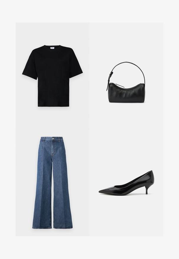 Zwart shirt met korte mouwen in een relaxte pasvorm, gemaakt van zachte stof, met een ronde halslijn en zonder opvallende patronen of accenten.; Wijd flonkerige blauwe denim jeans met een hoge taille, voorzien van klassieke vijf-pocketstijl en een knoopsluiting, gemaakt van gestructureerde katoen.; Zwarte lakleren hoge hak schoen met een spitse neus en een lage stiletto hak. Glad oppervlak en minimalistisch ontwerp, geen zichtbare patronen of accenten.; Zwarte leren schoudertas met een gebogen ontwerp, ritsafsluiting en een slanke schouderriem. Beschikt over een soepele textuur en subtiele stikdetails.