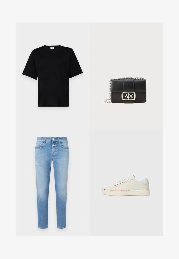 Svart kortärmad t-shirt i avslappnad passform, tillverkad av mjukt tyg, med rund halsringning och utan framträdande mönster eller detaljer.; Ljusblå denimjeans med smal passform, som har knäppning, lätt slitage och traditionell femfickedesign.; Off-white lågskor med snörningsdesign, vit inredning, och subtil flerfärgad trim längs sålens kant, sidovy.; Svart läderhandväska med quiltat mönster, silverkedjesnor och en framträdande silver "AX"-logotyp på framsidan. Kompakt rektangulär form.