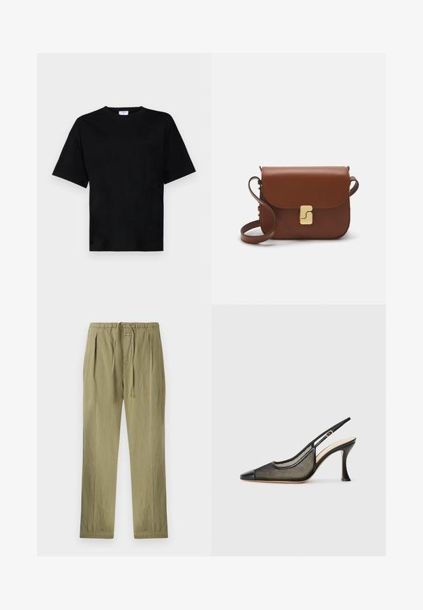 Črna majica s kratkimi rokavi, sproščenega kroja, narejena iz mehkega materiala, z okroglim izrezom in brez vidnih vzorcev ali okraskov.; Hlače v svetlo olivno zeleni barvi so iz bombaža, z elastičnim pasom na vrvico, plitvimi naborki in ravnim krojem. Mehka tekstura z minimalnimi dodatki.; Črne slingback visoke petke z ostrim nosom, mrežastim detajlom in gladkim usnjenim pokrovom. Barve vključujejo črne in bež poudarke.; Rjava usnjena torbica s poklopcem, zlato obarvani okovi, naramnica in gladka tekstura. Kompaktna pravokotna oblika.