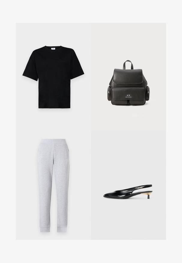 Svart kortermet t-skjorte med avslappet passform, laget av mykt stoff, med rund halslinning og uten fremtredende mønstre eller aksenter.; Grå joggebukser med en innsnævret design, elastisk midje, ribbestrikkede mansjetter og sidelommer. Stoffet ser mykt ut og er litt teksturert.; Sorte slingback pumps med spiss tå, glanset skinnfinish og en liten hæl med gullakcent. Elegant design med åpen bak.; Svart skinnryggsekk med klafflukkning, frontlomme, sidelommer med glidelås og et håndtak på toppen. Har logo-detaljer på forsiden.