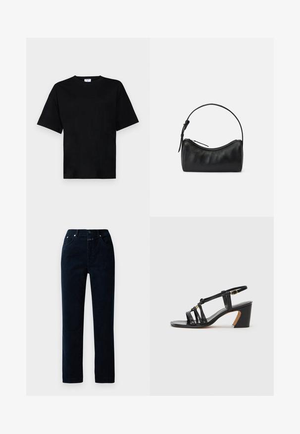 Fekete, rövid ujjú, laza szabású póló, puha anyagból készült, kerek nyakkivágással és nincs kiemelkedő minta vagy díszítés.; Tengerészkék kordbársony nadrág egyenes lábbal, elülső zsebekkel, cipzáros sliccel és fémgombokkal a derékon.; Paul Smith AMIRA - Klasszikus sarkú cipők - black; Fekete bőr válltáska ívelt formával, cipzáros záródással és vékony pánttal. Simaságot és diszkrét varrási részleteket kínál.