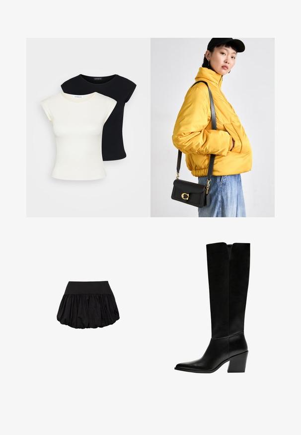 Twee getailleerde T-shirts: één crème en één zwart. Gemaakt van zacht, gestructureerd katoen, met korte mouwen en een ronde halslijn.; Zwarte minirok met een gestructureerde tailleband en een volumineus, geplooid ontwerp. Gemaakt van lichtgewicht stof, met een gladde textuur.; Zwarte laarzen tot de knie van soepel leer, met een puntige neus, een blokhak en een V-vormige uitsparing aan de bovenkant.; Geel gewatteerde jas met hoge kraag en voorzak, gecombineerd met een zwarte schoudertas met gouden hardware. Casual denim broek.