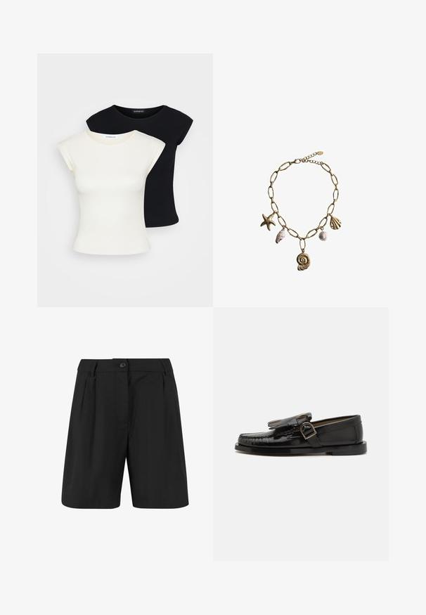 Due t-shirt aderenti: una crema e una nera. Realizzate in cotone morbido e testurizzato, con maniche corte e scollatura rotonda.; Pantaloni corti neri con un design sartoriale, caratterizzati da pieghe frontali, una parte anteriore piatta e una chiusura con un solo bottone. Tessuto dalla superficie liscia.; Scarpa mocassino in pelle nera con finitura lucida, dotata di frange decorative e dettagli con fibbia. Suola a profilo basso con battistrada minimale.; Mango Collana - gold-coloured
