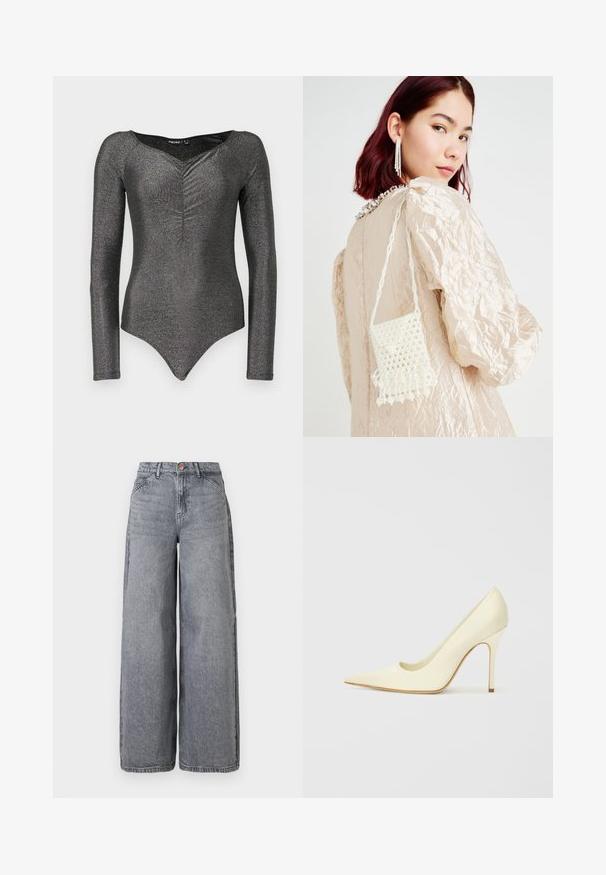 Langsleeve bodysuit in glanzende zwarte stof met een diepe V-hals en geplooide details aan de voorkant, met een aansluitende silhouet en drukknopen sluiting.; Wijde denim jeans in een vervaagde grijze was, met vijf zakken, een knoopsluiting en een zachte textuur met subtiele whiskerdetails.; Crèmekleurige pump met hoge hak en een spitse neus, een gladde textuur en open zijkanten, met een slanke hak en een lichte houten zool.; Beaded handtas gemaakt van witte parels, met een gestructureerd oppervlak en een franjes onderkant, gedragen met een gekreukt, beige kledingstuk.