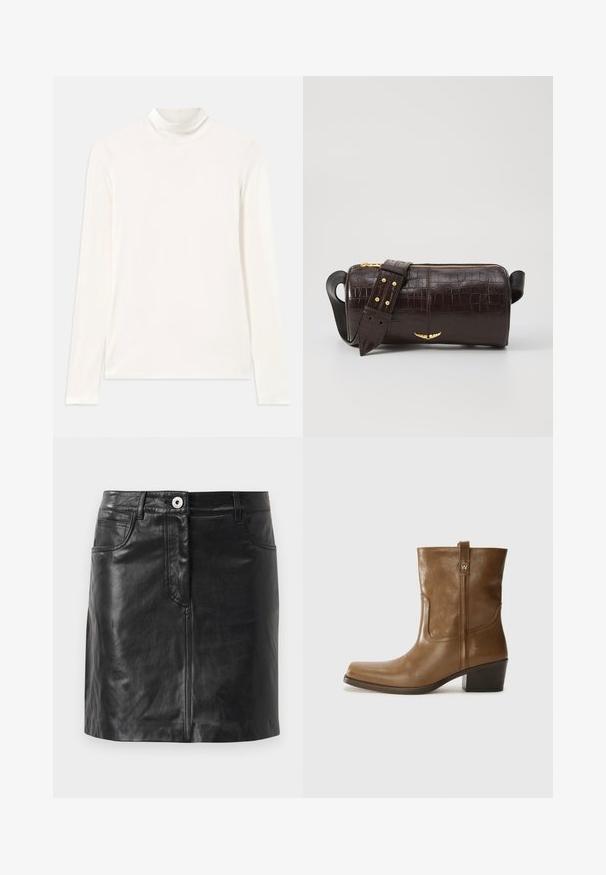 Valge kaelusega pika varrukaga topp, mis on valmistatud siledast ja venivast kangast. Omab kõrget kaelust ja istuvat disaini, ilma mustrite või aksessuaarideta.; WEEKEND MaxMara HULL - Pliiatsseelik - nero; Pruun nahkne ankle boot ruudukujulise varbaga, tekstuuriga viimistluse ja madala virnastatud kontsaga. Sisaldab taga tõmbeaasat ja peeneid õmbluse detaile.; Pruunist krokodillimustrist nahast kott, millel on silindri kuju, kuldse tooni metalldetailid ja eemaldatav rihm, kus on nupud.