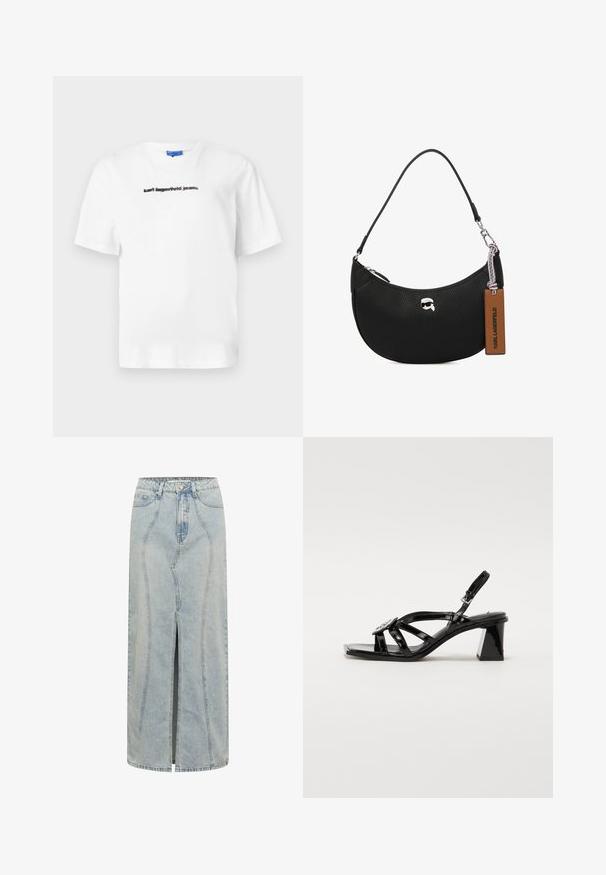 Fehér pamut póló, rövid ujjú és kerek nyakkivágással. Az elején fekete nyomtatott szöveg található: "karl lagerfeld jeans". Sima anyagú.; Világoskék farmer szoknya egyenes szabással, elöl hasítékkal, övpántokkal és részletes varrással az oldalvarratok mentén.; Fekete lakkbőr, nyitott orrú, magas sarkú szandál széles pántokkal, állítható csattal és geometrikus blokkfallal.; Fekete bőrtáska, melynek felülete szemcsés, ívelt formájú, felül zippzárral záródik, ezüst színű fémrészletekkel és barna cimkével rendelkezik. Jellemzője a logós díszítés.