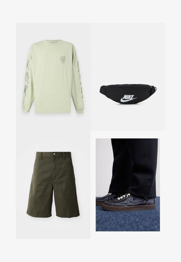 T-shirt a maniche lunghe in cotone verde chiaro con un piccolo logo sul petto e motivi astratti lungo le maniche in verde scuro.; Pantaloni corti in cotone verde con design a gamba dritta, dotati di chiusura con bottone e tasche laterali. Tessuto morbido, taglio fino al ginocchio.; Nike Sportswear KILLSHOT 2 LTR PRM OPP2 - Sneakers basse - black sail baroque brown mtlc dk grey; Marsupio nero in nylon con chiusura zip, caratterizzato da un grande logo Nike bianco. Texture liscia e design ergonomico per un'indossabilità confortevole.