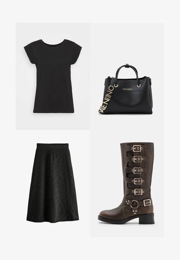 Must värvi puuvillane T-särk lühikeste kapuutsiga varrukatega, ümar kaelus ja lõdva istuvusega. Sile tekstuur, ilma nähtavate mustrite või aktsentideta.; Must mustrik, millel on laienev disain, tekstureeritud kangas, sääre keskele ulatuv pikkus ja elastne vöökoht. Ei sisalda taskuid ega kaunistusi.; Steve Madden BATTLE - Kauboi-/mootorrattasaapad - brown; Must musta käekott kuldsete detailidega, millel on kaks ülemist käepidet ja dekoratiivne logo rihm. Tekstuuriga pind ja struktureeritud disain.