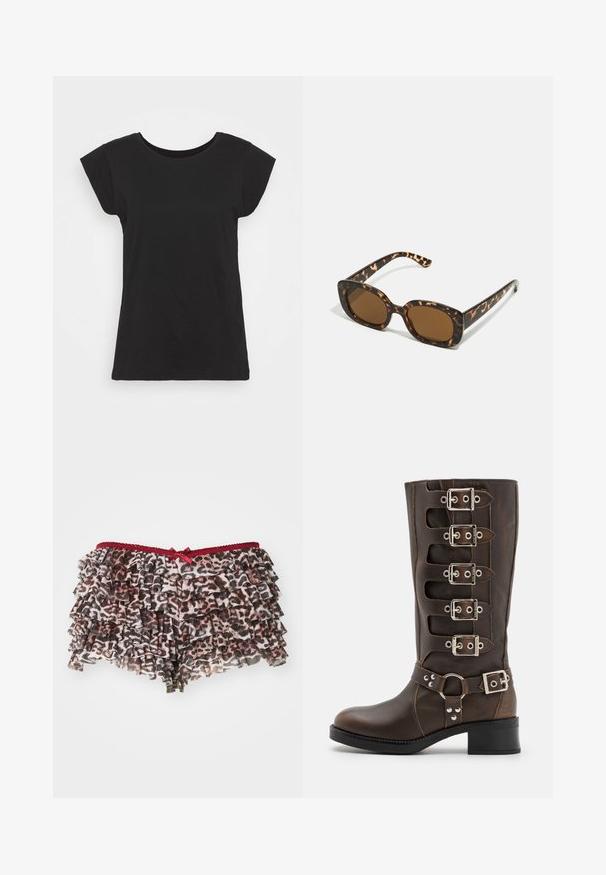 Fekete pamut póló rövid, puffos ujjakkal, kerek nyakkivágással és laza szabással. Simaság jellemzi, látható minták vagy díszítések nélkül.; Virágos leopárdmintás rövidnadrág réteges fodrokkal, piros csipkebetéttel a derekán és egy kis masnival az elején.; Steve Madden BATTLE - Cowboy és motoros csizmák - brown; Teknősbéka mintázatú napszemüveg kerek, vastag kerettel és barna lencsékkel. Finom mintázattal és egyenes, keskenyedő szárakkal rendelkezik.; Fekete bőr kézitáska arany kiegészítőkkel, két felső fogantyúval és dekoratív logós pánttal. Texturált felület és strukturált dizájn.