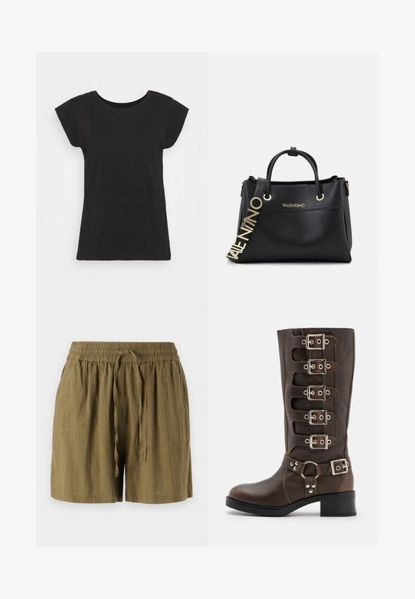 Camiseta de algodón negra con manga corta tipo cap sleeve, escote redondo y un corte relajado. Textura suave sin patrones ni adornos visibles.; Pantalones cortos tipo pull-on en verde oliva, hechos de una tela ligera, con cinturilla elástica y cordón, y un ajuste relajado y holgado.; Steve Madden BATTLE - Botas camperas - brown; Bolso de mano de piel negra con herrajes dorados, que cuenta con dos asas superiores y una correa con logo decorativo. Superficie texturizada y diseño estructurado.