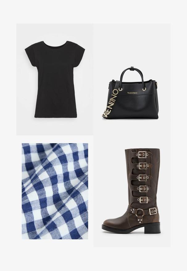 Schwarzes Baumwoll-T-Shirt mit kurzen Ärmelchen, rundem Ausschnitt und lockerem Schnitt. Glatte Textur ohne sichtbare Muster oder Akzente.; Baumwollstoff mit einem blau-weißen Karomuster zeigt kleine, gleichmäßige Karos. Die Textur wirkt gewebt und glatt.; Steve Madden BATTLE - Cowboy-/Bikerboot - brown; Schwarze Lederhandtasche mit goldenen Beschlägen, ausgestattet mit zwei oberen Griffen und einem dekorativen Logo-Gurt. Texturierte Oberfläche und strukturiertes Design.