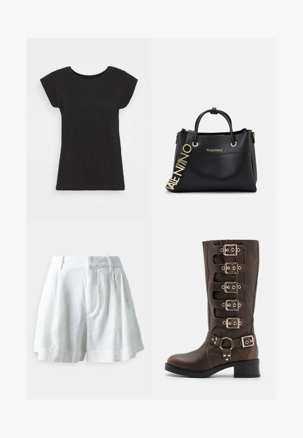 Schwarzes Baumwoll-T-Shirt mit kurzen Ärmelchen, rundem Ausschnitt und lockerem Schnitt. Glatte Textur ohne sichtbare Muster oder Akzente.; GAP Shorts - new off white; Steve Madden BATTLE - Cowboy-/Bikerboot - brown; Schwarze Lederhandtasche mit goldenen Beschlägen, ausgestattet mit zwei oberen Griffen und einem dekorativen Logo-Gurt. Texturierte Oberfläche und strukturiertes Design.