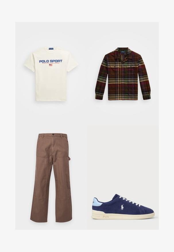 Biała bawełniana koszulka z krótkim rękawem z napisem "POLO SPORT" w niebieskim i czerwonym druku, z małą ikoną amerykańskiej flagi pod tekstem. Okrągły dekolt.; Koszula w kratę z długim rękawem w ciemnym brązie, z zielonymi, fioletowymi i pomarańczowymi paskami, dwoma kieszeniami na piersi oraz kołnierzykiem zapinanym na guziki.; Brązowe bawełniane spodnie cargo o luźnym kroju, z bocznymi kieszeniami i dużymi łatami na kolanach dla zwiększenia trwałości i stylu.; Granatowe zamszowe sneakersy z białymi sznurówkami i kremową gumową podeszwą. Zawierają jasnoniebieski akcent oraz małe haftowane logo z boku.