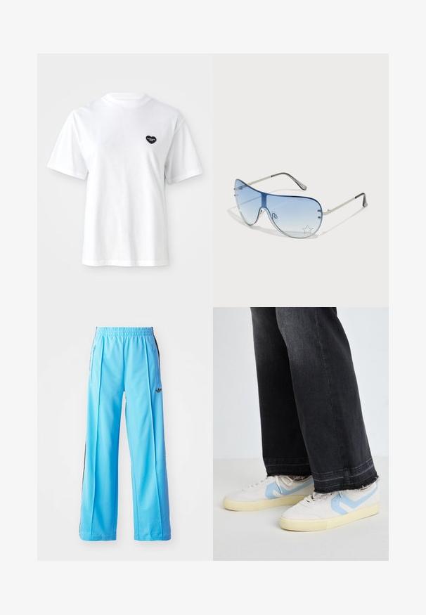Hvit bomulls-T-skjorte med rund hals og korte ermer. Har en liten svart hjerteformet logo på venstre brystområde.; Lyseblå treningbukser med elastisk liv, glidelåser på siden og svarte sideakenter. Mykt stoff med et løst, bredt design.; Hvite sneakers med lyseblå detaljer, teksturert semsket skinn og gummisåler, kombinert med utslitte svarte jeans som har en bred ben design.; Pilotbriller med gradient blå linse, sølvfarget metallramme og dekorative stjerneaksenter på linsen. Glatt og stilren design.