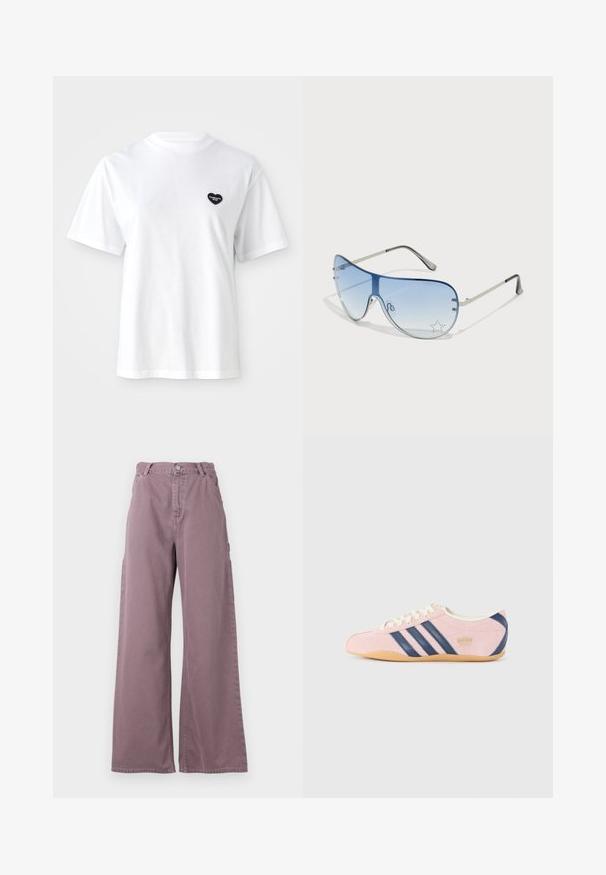 T-shirt en coton blanc avec un col rond et des manches courtes. Présente un petit logo noir en forme de cœur sur la partie gauche de la poitrine.; Pantalons à jambes larges en coton mauve poussiéreux, dotés d'une fermeture à bouton sur le devant, de poches latérales et de détails cousus le long des coutures.; Baskets rose clair en daim avec des rayures et des accents bleu marine. Présentent une languette et des lacets crème léger, avec une semelle en caoutchouc gomme.; Lunettes de soleil aviateur avec des verres dégradés bleus, une monture en métal argenté et des accents décoratifs en forme d'étoile sur les verres. Design lisse et élégant.