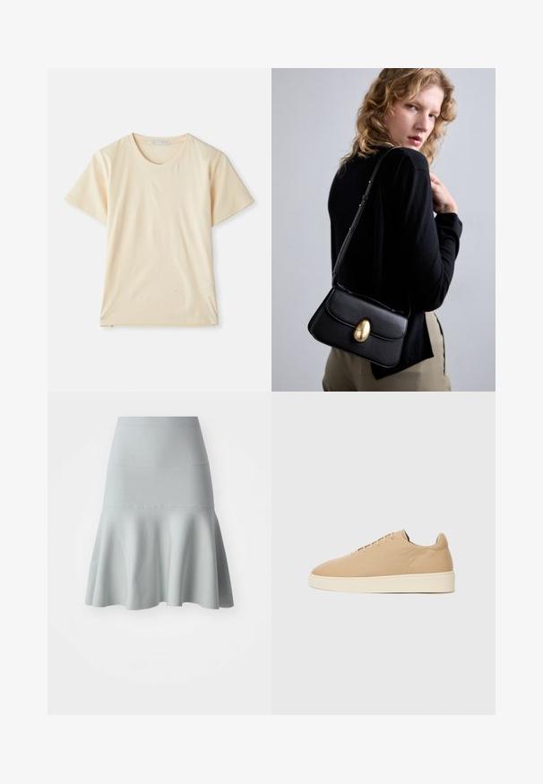 Krém színű, puha, könnyű pamut póló, rövid ujjal és kerek nyakkivágással. Nincsenek látható minták vagy díszítések.; Világoskék, harangszoknya, textúrált anyagból készült. Kialakított derékrésszel és lágy, hullámvonalú szegéllyel rendelkezik. Egyszerű dizájn, minta nélkül.; Beige sportcipő sima textúrával, kerek orral és minimalista dizájnnal. Krémszínű talppal és hat fűzőlyukkal rendelkezik.; Fekete bőr kézitáska ívelt formával, kiemelkedő arany ovális zárszerkezettel, állítható pánttal és minimalista dizájnnal.