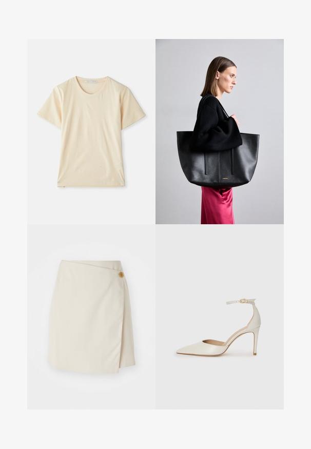 Kremo spalvos marškinėliai, pagaminti iš švelnios, lengvos medvilnės, su trumpomis rankovėmis ir apykakle. Nėra matomų raštų ar akcentų.; Bežinė apklijuota sijonas su šoniniu mygtuko uždarymu, vientisa medžiaga, švarios linijos ir glotni tekstūra, sukurta prigludusiam siluetui.; Balti odiniai aukštakulniai batai su smailiu priekiniu galu, kulkšnies dirželiu ir siauru stiletu. Lygi tekstūra su subtiliu blizgiu paviršiumi.; Juodas odinis rankinės modelis su tekstūruotu paviršiumi, turintis dvi vertikalias linijas, dvi petinių dirželių poras ir minimalistinį dizainą.