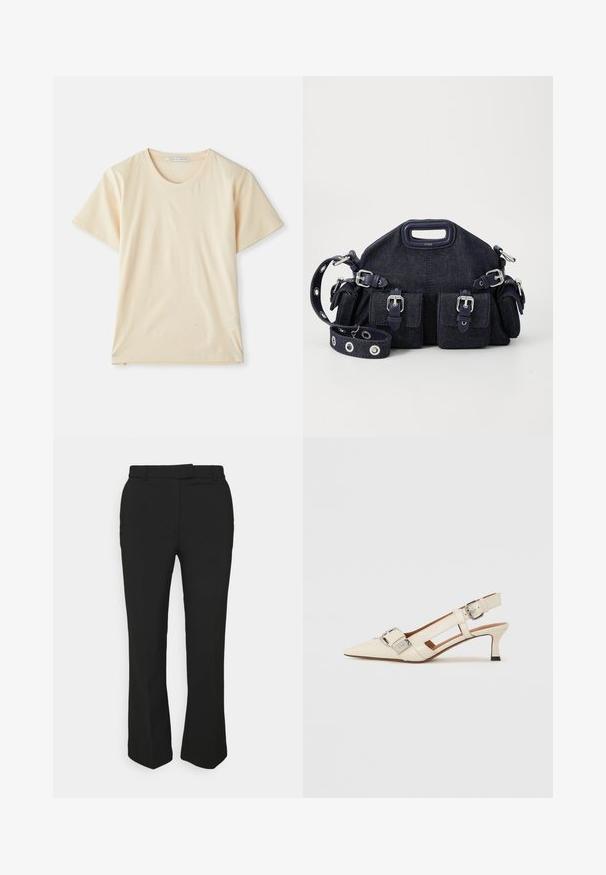 Crème-kleurig T-shirt van zachte, lichtgewicht katoen, met korte mouwen en een ronde halslijn. Geen zichtbare patronen of accenten.; Zwarte op maat gemaakte broeken met een recht gesneden ontwerp, voorzien van riemlussen en zijzakken. Gemaakt van een gladde stof met een nette afwerking.; Witte leren slingback schoen met een spitse neus, kleine hak en verstelbare band met een opvallende zilveren gesp.; Donkerblauwe denim tas met een ronde vorm, meerdere buitenzakken, een verstelbare schouderriem en accenten van zilverkleurig hardware. Inclusief bovenhandvat.