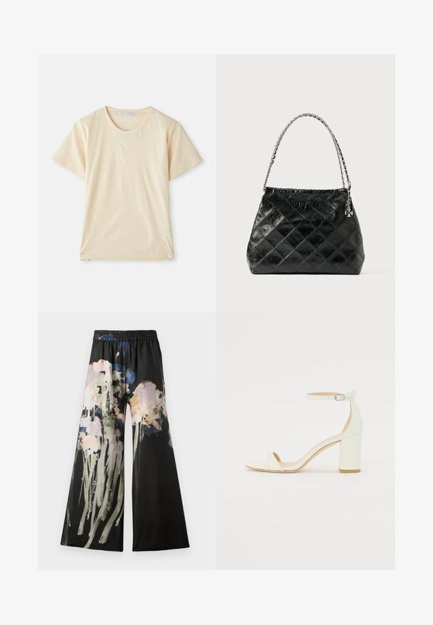 Kremowa koszulka z krótkim rękawem, wykonana z miękkiej, lekkiej bawełny, z okrągłym dekoltem. Brak widocznych wzorów lub akcentów.; Szerokie spodnie w czarnym kolorze z nadrukiem kwiatowym w odcieniach różu, niebieskiego i zielonego; elastyczny pas dla komfortu.; Białe skórzane sandały na blokowym obcasie z paskiem wokół kostki z klamrą i minimalistycznym wzornictwem. Otwarty przód oraz gładkie tekstury na całej powierzchni.; Czarna pikowana skórzana torebka na ramię z srebrnym łańcuszkiem, o usztywnionej konstrukcji i gładkiej fakturze.