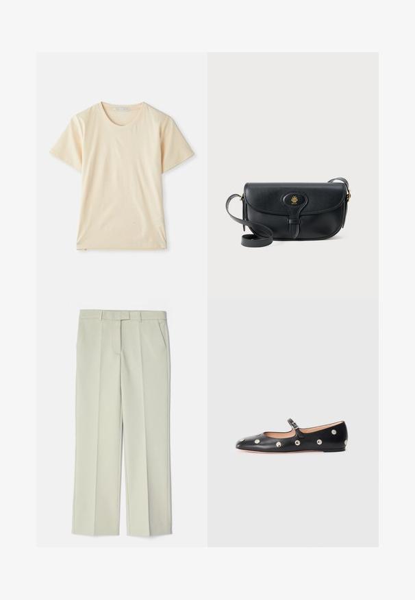 Valkoinen t-paita, joka on valmistettu pehmeästä ja kevyestä puuvillasta. Farkkujen lyhyet hihat ja pyöreä kaula-aukko. Ei näkyviä kuvioita tai yksityiskohtia.; Vaaleanbeiget housut, joissa on räätälöity muotoilu, tasainen etuosa, kaksi sivutaskua ja sileä rakenne.; Musta nahkainen Mary Jane -tyylinen tasapohjakenkä, jossa on pyöreä varvas. Kenkässä on hopeisia pyöreitä niittejä ja säätöremmi, jossa on solki.; Mustavaha diagonaaliolkalaukku, jossa on läpällä suljettava kansi ja kultainen logodetail. Varustettu pitkällä hihnalla ja sileällä pinnalla.