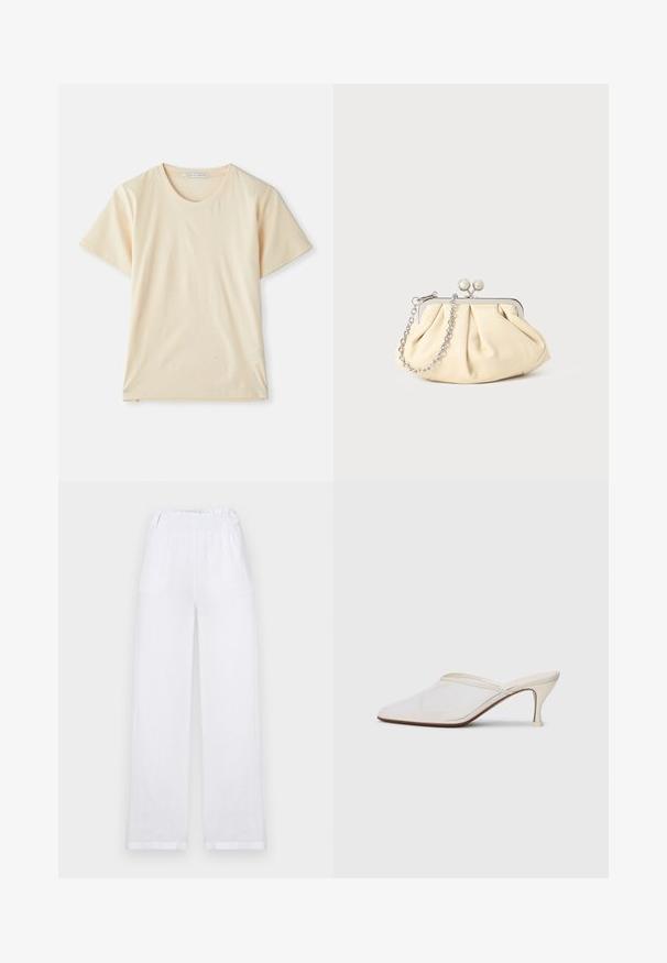 Krēmkrāsas T-krekls, izgatavots no mīksta, viegla kokvilnas auduma, ar īsām piedurknēm un apaļu kakla izgriezumu. Nav redzamu rakstu vai akcentu.; Baltas lina platām kājām bikses ar elastīgu jostu, divām sānu kabatām un taisnu siluetu ar sarullētām malām.; Baltas austs punka purngals mūlis ar šauru vidēji augstu papēdi un uzvelkamu dizainu uz vienkārša fona.; Rūpīgi pleatota bežīga ādas somiņa ar sudraba metāla rāmi, kurai ir divas apaļas dekoratīvas sprādzes un sudraba ķēdes siksna.