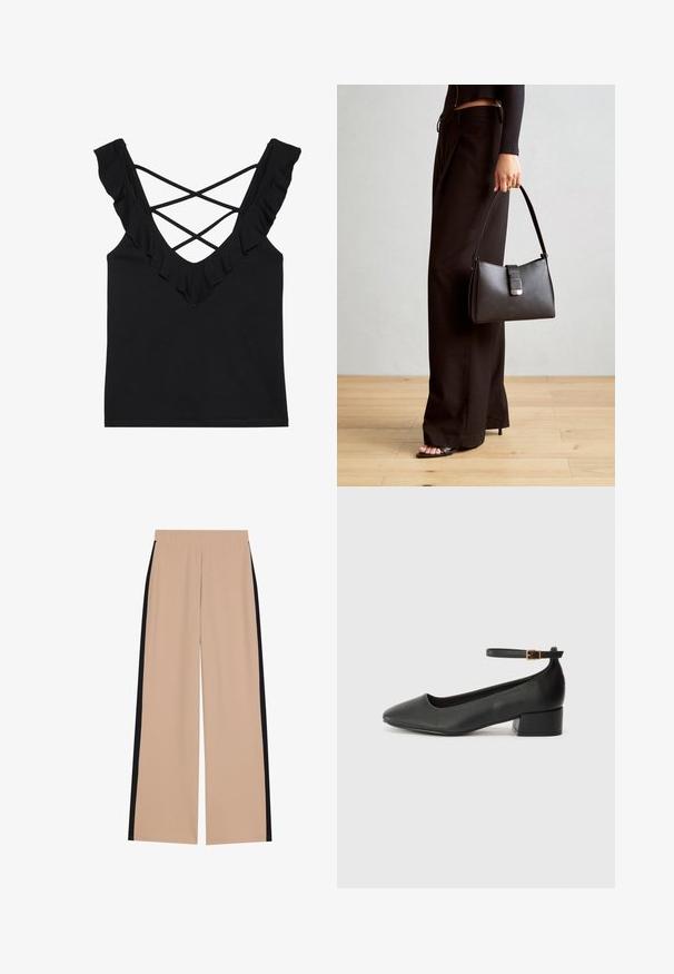 Crna majica bez rukava s dizajnom u obliku V-izreza, nabranim naramenicama i leđima u obliku križa. Izrađena od mekog, rastezljivog materijala.; Bež hlače širokih nogavica s glatkom teksturom, s crnim bočnim trakama. Gumica u struku osigurava udobnost i jednostavno oblačenje.; Crne kožne pumpe s oštrim vrhom i niskom blok petom. Sadrže remen oko gležnja s zlatnim kopčanjem. Glatka tekstura.; Crna torba s oblikom koji sadrži strukturu, glađu teksturu i metalnu kopču. Uparena s širokim crnim hlačama i sandalama na otvorenom s drvenog poda.