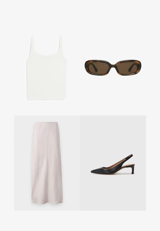 Weißes, enganliegendes Tanktop mit breiten Trägern, aus glattem, dehnbarem Stoff. Verfügt über einen runden Halsausschnitt und ein schlichtes, sauberes Design.; Blassrosa Leinen-Maxi-Rock mit einem klaren, geraden Design. Der Stoff hat eine leicht strukturierte Oberfläche und einen elastischen Bund.; Schwarze Leder-Slingback-Pumps mit spitzer Zehenform, niedrigem Absatz und glatter Textur. Verfügt über einen dünnen, verstellbaren Riemen für einen sicheren Sitz.; Sonnenbrille im Schildpatt-Look mit einem glatten, abgerundeten rechteckigen Rahmen und braunen Gläsern. Ausgestattet mit dünnen, gebogenen Bügeln mit glänzender Oberfläche.