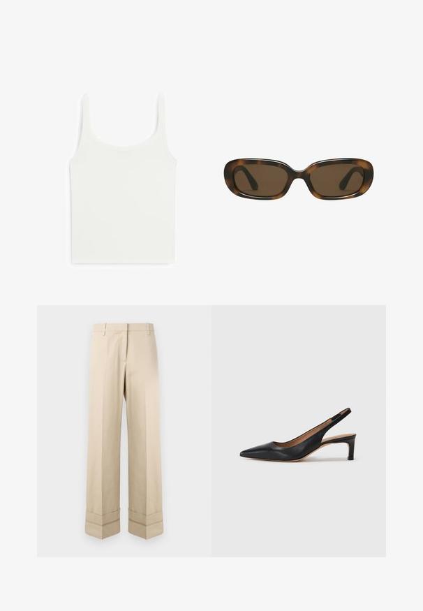 Bílý upnutý tílko s širokými ramínky, vyrobené z hladké, elastické látky. Má zakulacený výstřih a jednoduchý, čistý design.; Beige kalhoty se střihovým rovnou siluetou, s dvojitým manžetovým zakončením a plochým předním designem. Vyrobené z hladké, odolné látky.; Černé kožené slingback lodičky s špičatou špičkou, nízkým podpatkem a hladkým povrchem. Disponují tenkým nastavitelným páskem pro bezpečné uchycení.; Skořicové sluneční brýle s hladkým, zaobleným obdélníkovým rámem a hnědými skly. Mají tenké, zakřivené ramena s lesklým povrchem.; Tommy Hilfiger CASUAL SHOULDER BAG - Kabelka - coastal taupe