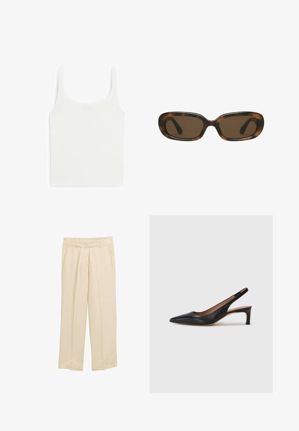 Biała dopasowana koszulka na ramiączkach o grubych ramiączkach, wykonana z gładkiego, elastycznego materiału. Posiada okrągły dekolt i prosty, schludny design.; Beżowe, szerokie spodnie wykonane z lekkiego materiału. Posiadają elastyczny pas i boczne kieszenie. Gładka tekstura z subtelnymi pionowymi liniami.; Czarne skórzane czółenka na potylicy z wydłużonym noskiem, niskim obcasem i gładką fakturą. Posiadają cienki, regulowany pasek zapewniający pewne dopasowanie.; Okulary przeciwsłoneczne w melanżowym kolorze z gładką, zaokrągloną prostokątną oprawką i brązowymi soczewkami. Posiadają cienkie, zakrzywione zauszniki o błyszczące wykończeniu.; Tommy Hilfiger - Torebka