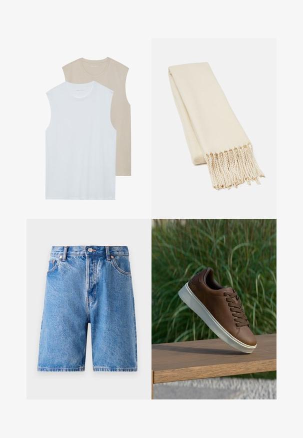 To skjorter uten ermer: en hvit og en lys beige. Begge har rund hals og er laget av myk, glatt stoff med en uformell passform.; Lys blå denimshorts med en falmet vask. Har klassisk fem-lomme design, knappestolpe og nikkelfrie nagler i kobberfarge.; Brune lærersneaker med hvit gummisåle, rund tå og brune lisser. Teksturert grep på sålen og glatt overflate på overdelen.; Beige skjerf laget av myk tekstil, med en glatt overflate og frynsete ender. Designet er enkelt og rektangulært.
