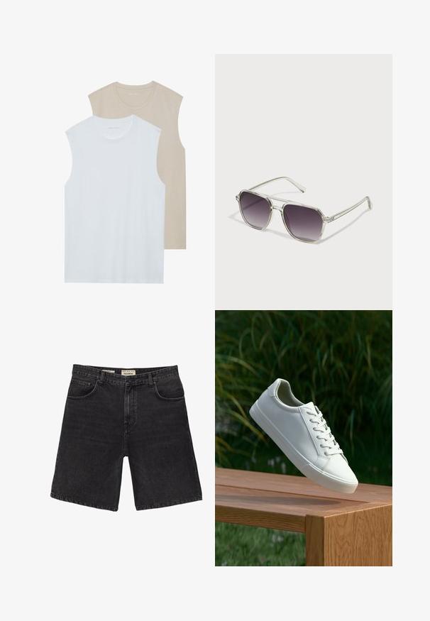 Twee mouwloze shirts: één wit, één lichtbeige. Beide hebben een ronde halslijn en zijn gemaakt van zacht, glad materiaal met een casual pasvorm.; Zwarte denim shorts met een klassieke snit, voorzien van vijf-pocket styling en een knoopsluiting. Geverfd materiaal, nette afwerking en rechte zoom.; Witte vetersneaker die boven een houten bank zweeft met groene bladeren op de achtergrond, waarbij het ontwerp en de textuur van de schoen worden getoond.; Transparante zonnebril met een vierkante vorm en een verloop in grijze lenzen. Slanke zilveren accenten op de tempels voegen detail toe.