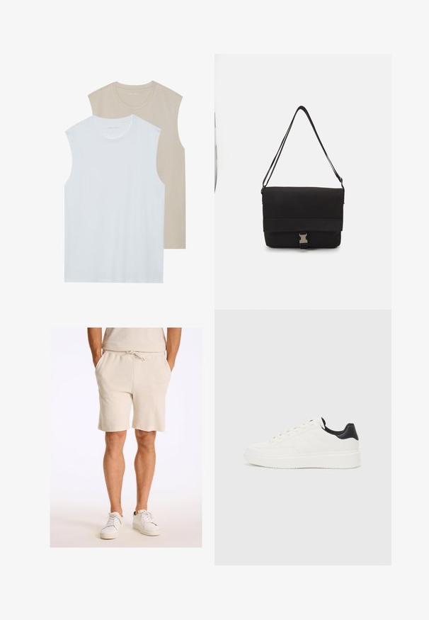 Dwie bezrękawnikowe koszule: jedna biała, druga jasnobeżowa. Obie mają dekolt okrągły i wykonane są z miękkiego, gładkiego materiału o luźnym kroju.; Beżowe szorty z frotte, z elastycznym pasem, sznurkiem, dwoma bocznymi kieszeniami oraz luźnym krojem, połączone z białymi trampkami.; Białe skórzane sneakersy z tłoczonym wzorem, teksturowaną białą podeszwą środkową oraz czarnym akcentem na pięcie. Posiadają zaokrąglony nosek i płaskie sznurowadła.; Czarna torba na ramię wykonana z gładkiego materiału, z klapą na złożeniu, srebrnymi zapięciami i regulowanym paskiem na ramię.